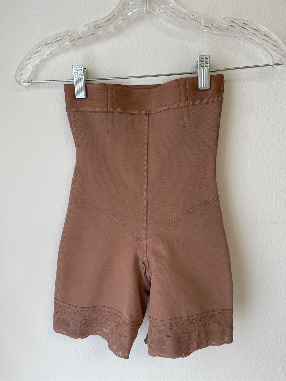High-Rise Shaping Shorts with Lace Hem in Brown